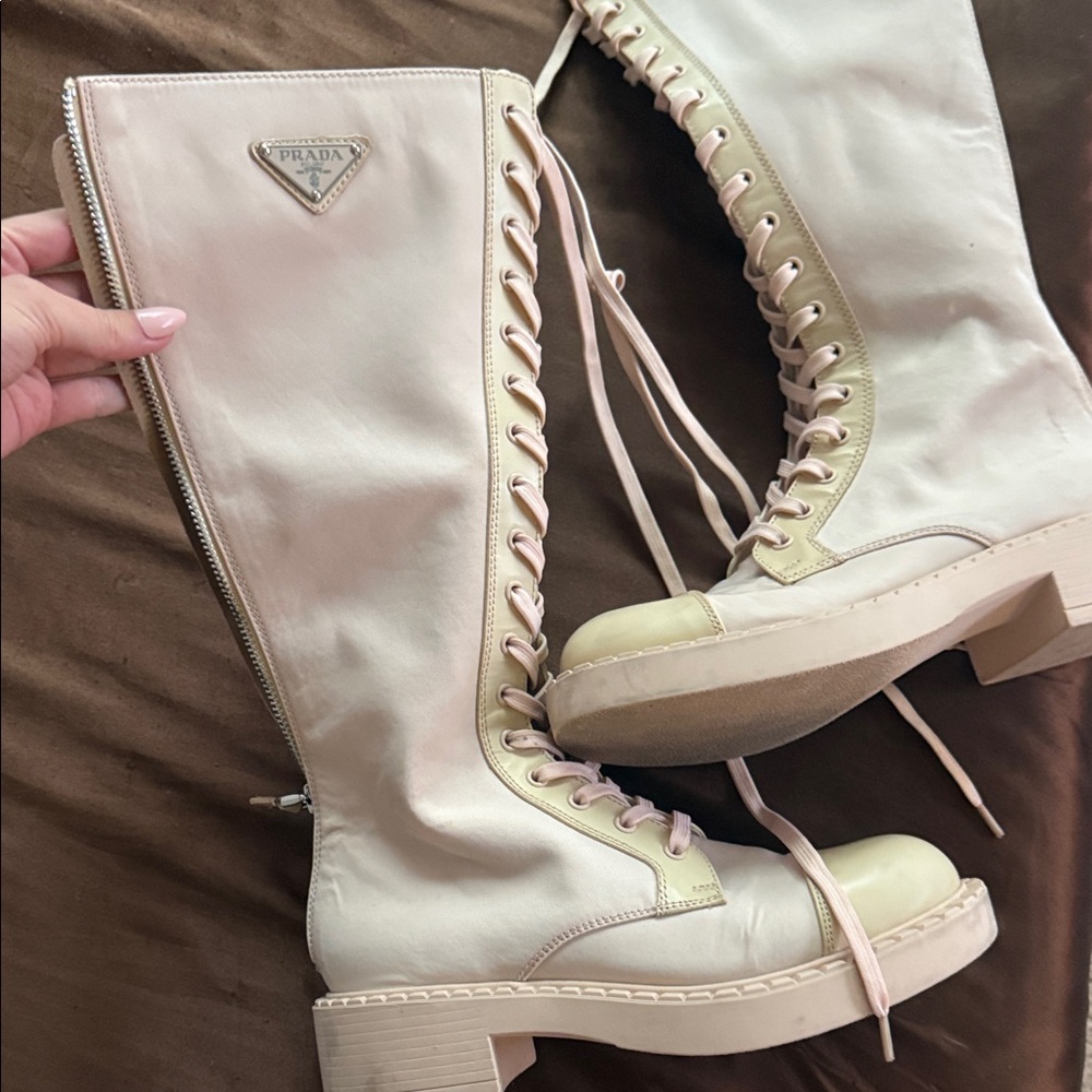 Prada Pale Pink Leather Lace-Up Knee Boots